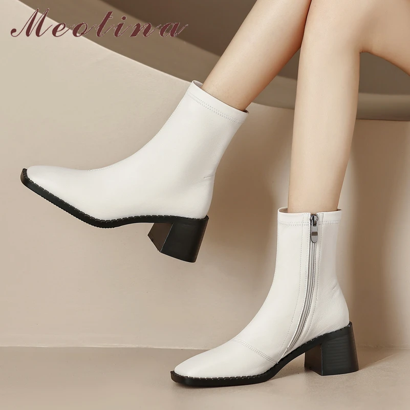 

Meotina Women Genuine Leather Ankle Boots Square Toe Chunky High Heel Zipper Ladies Fashion Short Boot Autumn Winter Shoes White