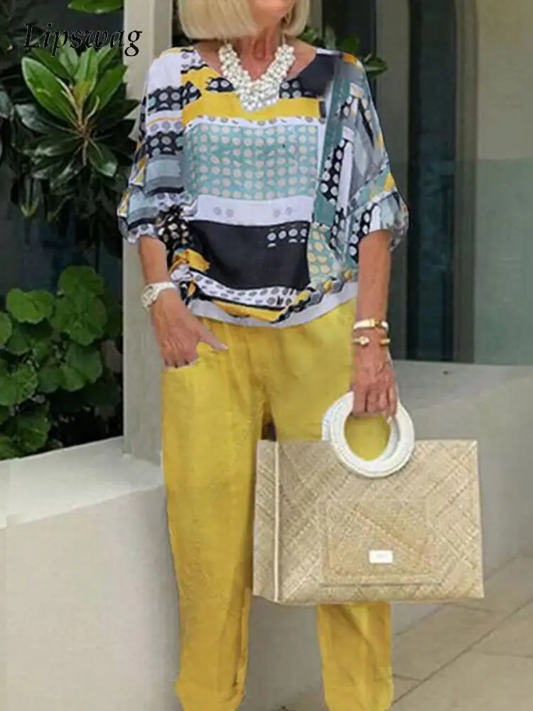 

Spring Summer Women Casual Two Piece Sets Vintage Geometric Print O-Neck Tops And Pants Suits Female New Fashion Loose Outfits