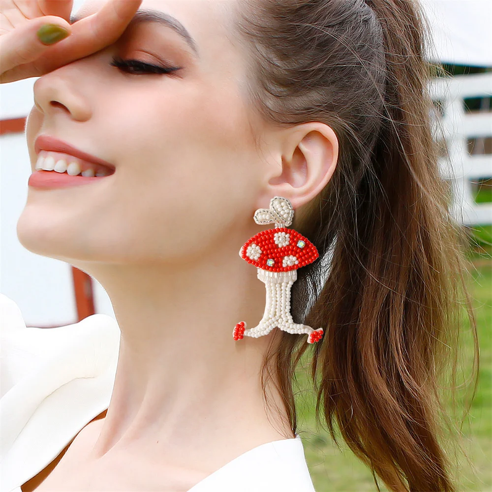 

NCEE Cartoon Creative Cute Mushroom Earrings Rice Beads Bohemian Intangible Cultural Heritage Handicraft Braided Earrings