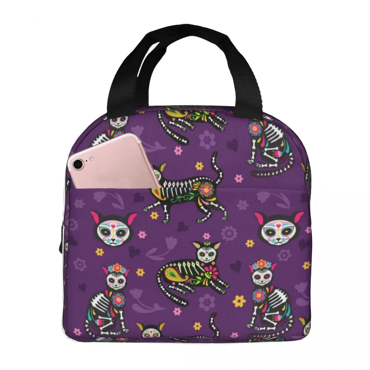 

Sugar Skull Calavera Cats Mexican Style Lunch Bag Portable Insulated Thermal Cooler Bento Box Tote Picnic Storage Bag Pouch