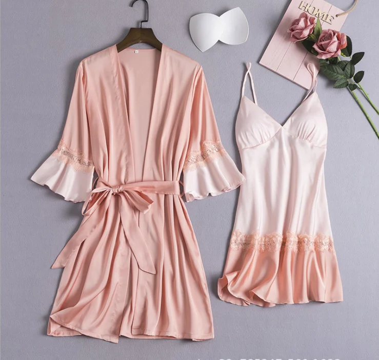 

Women 2pcs silk satin pajamas set silk robe and dress sleepwear for women