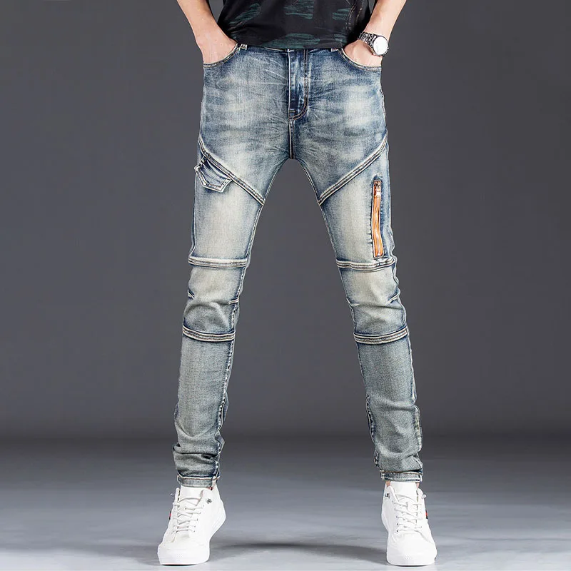 Retro Biker Jeans Men High Street Slim-fit Denim Pants Luxury Men's Clothing Spring/Autumn Streetwear Trousers Trend Men