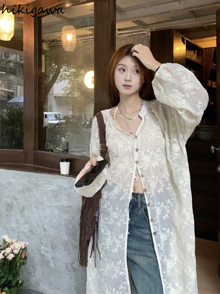 Женская прозрачная блузка с вышивкой большого размера круглым вырезом и длинным