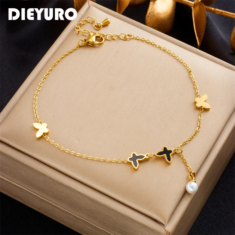 

DIEYURO 316L Stainless Steel Butterfly Pearl Charm Anklets For Women Girl New Fashion Leg Chain Non-fading Jewelry Gift Party