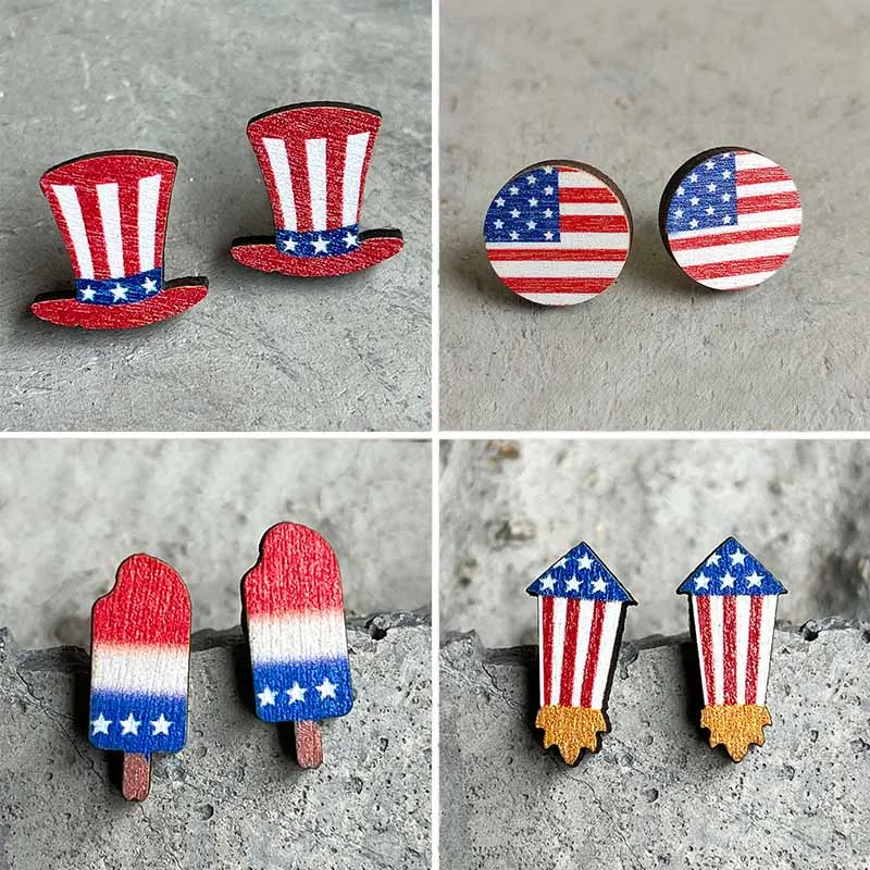 

New Sun Flower Ice Cream Independence Day Stud Earring American Flag Round Heart Star Eagle Color Matching Wooden Ear Stud Gift