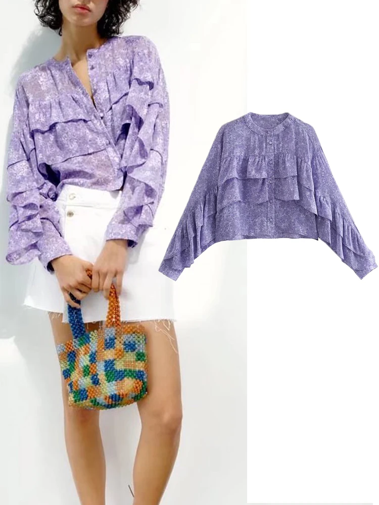 

TFMLN Summer Women Ruffles Blouse 2022 Casual Floral Printed Single Breasted Tops O-neck Long Sleeve Vintage Fashion Shirts