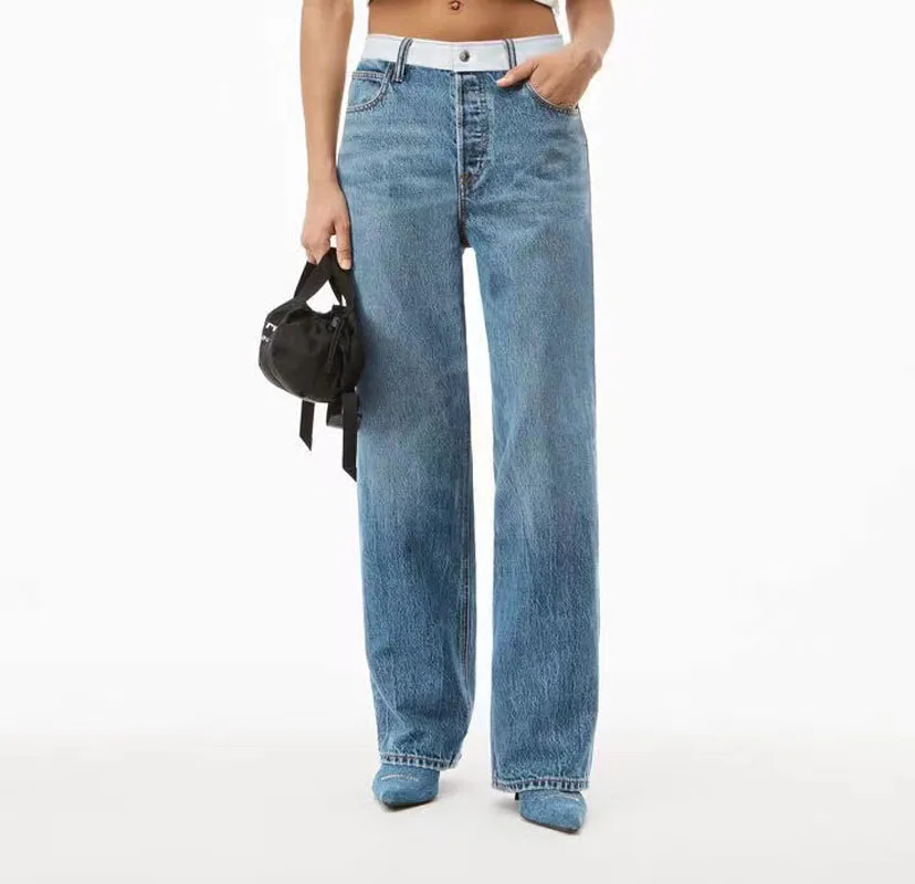 

Street Casual Women's Jeans 2022 Autumn Winter New High Waist Splicing Waist Rubber Band Letters Wash Blue Straight Full Pants