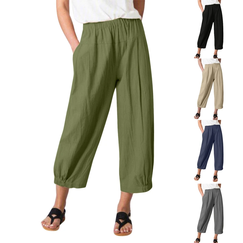 

Women Cotton Linen Pants Loose Comfort Elastic Waist Harem Pants Vintage Solid Casual Pockets Wide Leg Trousers Cropped Pants