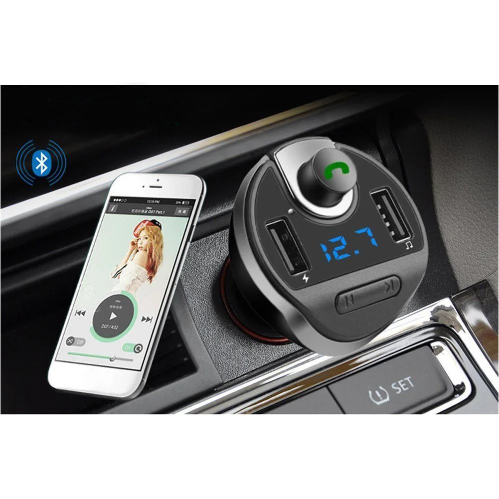 

Пластиковый FM-передатчик версия Bluetooth V3.1 с двумя USB-портами для вызовов в режиме громкой связи