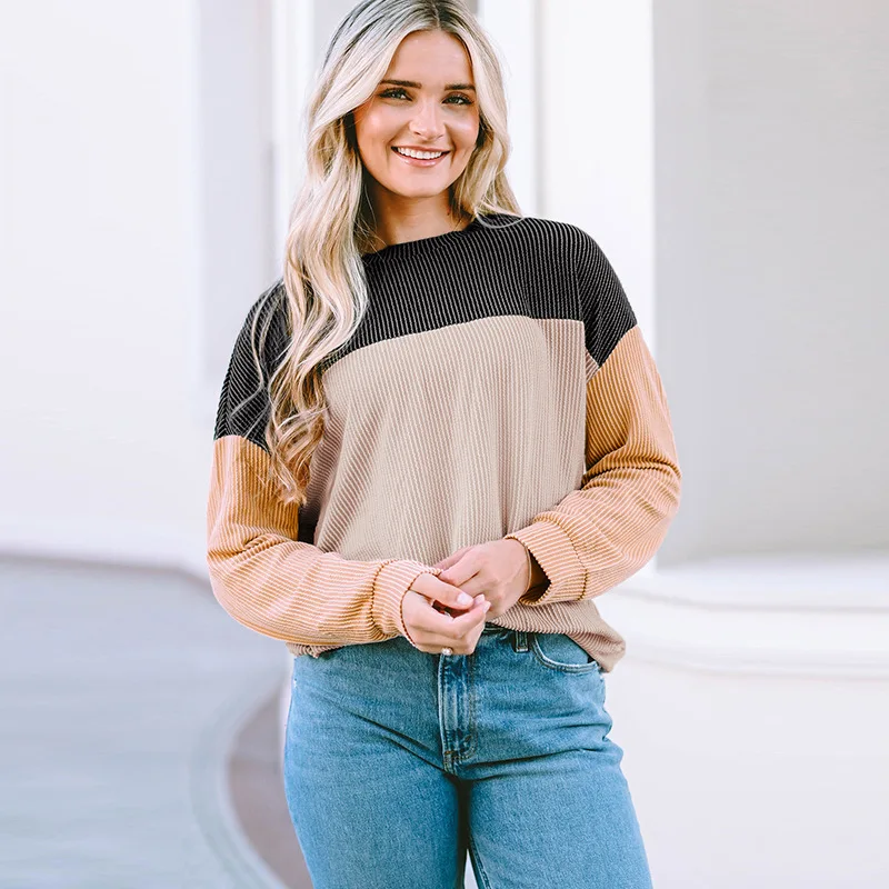 Новинка 2024 комбинированный цветной Топ с длинным рукавом Женская Повседневная