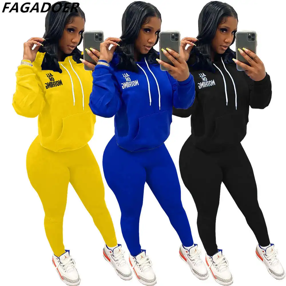 

FAGADOER Fall Winter Casual Two Piece Sets Women Hooded Letter Embroidery Sweatshirt And Jogger Pants Tracksuits Female Outfits