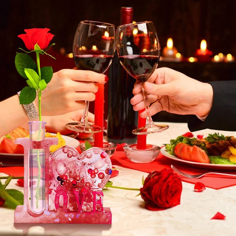 

New-Love Heart Flower Vase Hydroponic Plant Propagation Station Epoxy Resin Mold Decoration Silicone Mould With 3 Test Tubes