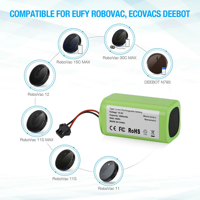 

18650 14.4V 2800mAh Replacement Battery for Conga Excellence 990 1090 Ecovacs Deebot N79S N79 DN622 Eufy Robovac 11 11S 12 X500