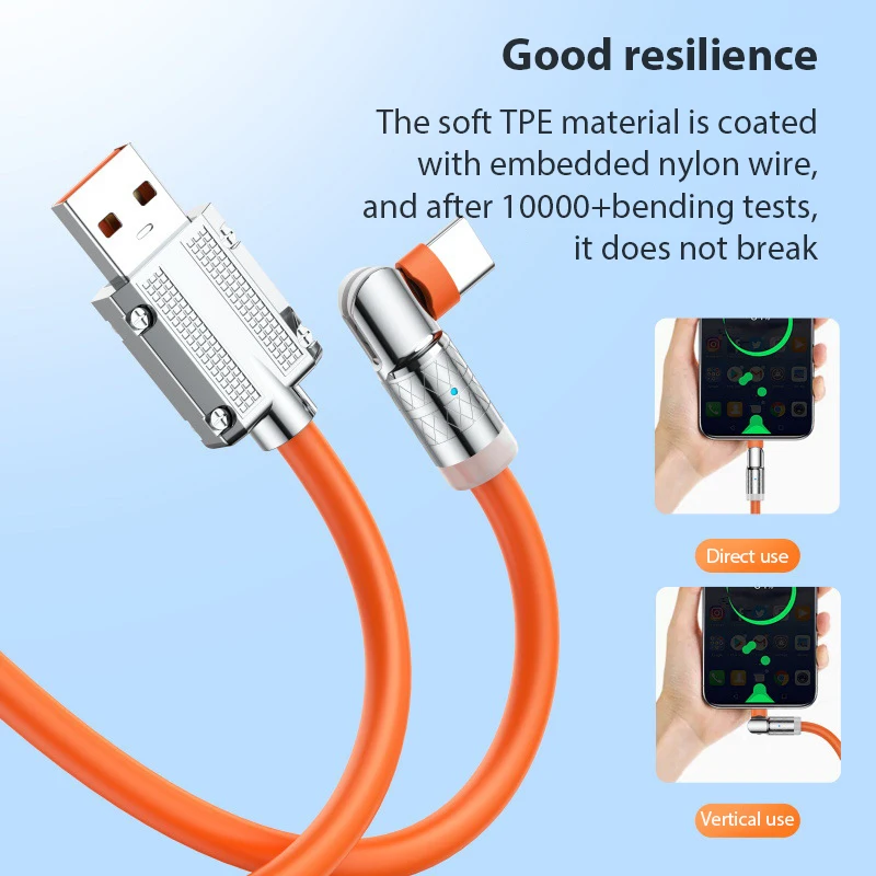 

120W 6A Fast Charging Cable with LED 180 Degree Rotation Elbow Type C Cable for Gamer USB C Data Cord for Xiaomi Samsung POCO