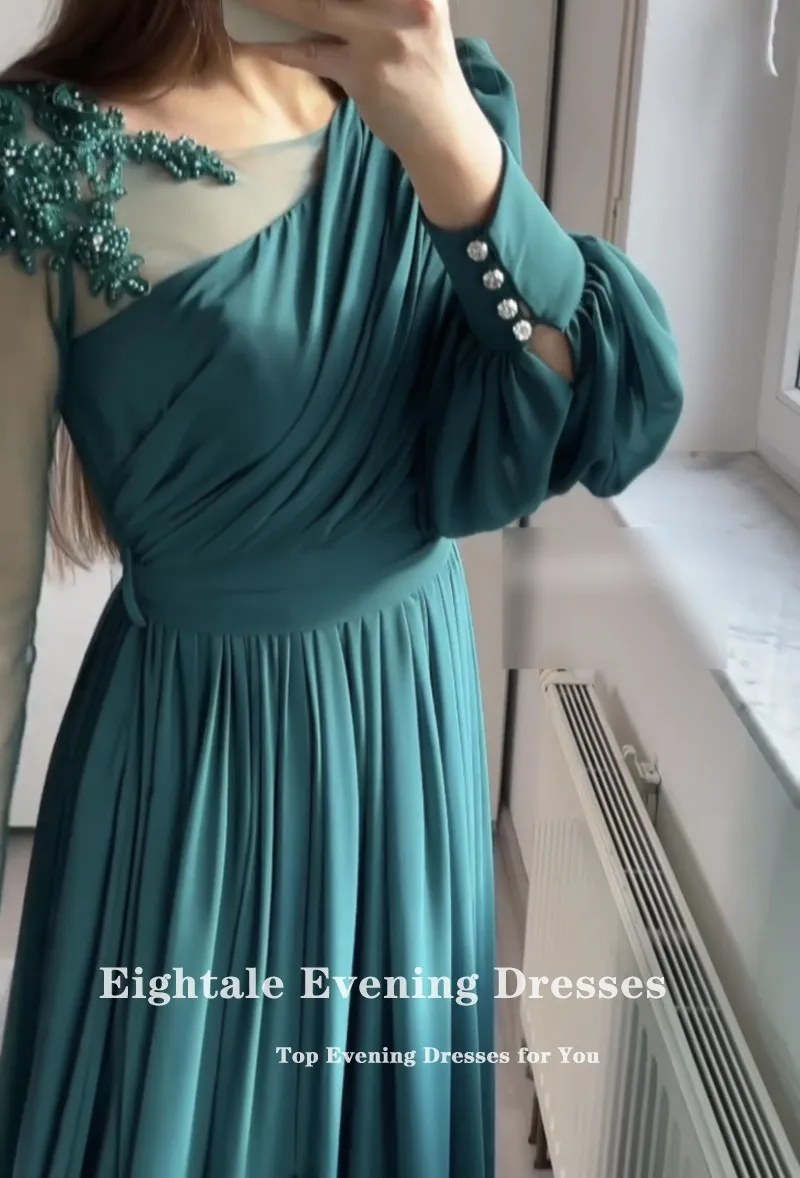 Eightale Vintage Evening Dress for Wedding Party Chiffon Beaded Long Sleeves Green Appliques A-Line Prom Gowns Celebrity Dress