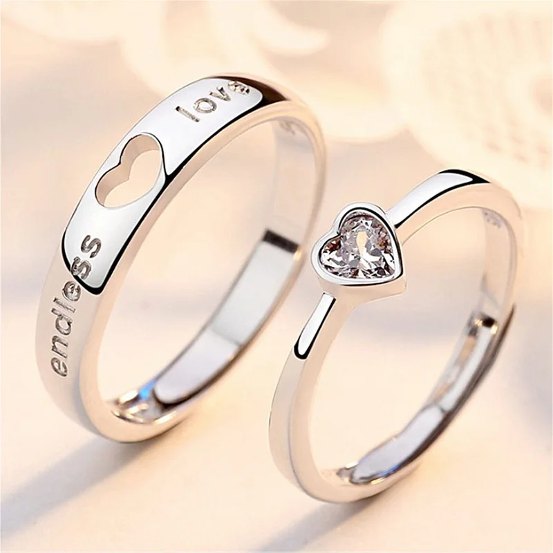 2Pcs/sets Zircon Heart Matching Couple Rings Set Forever Endless Love Wedding Ring For Women Men Charm Valentine's Day Jewelry