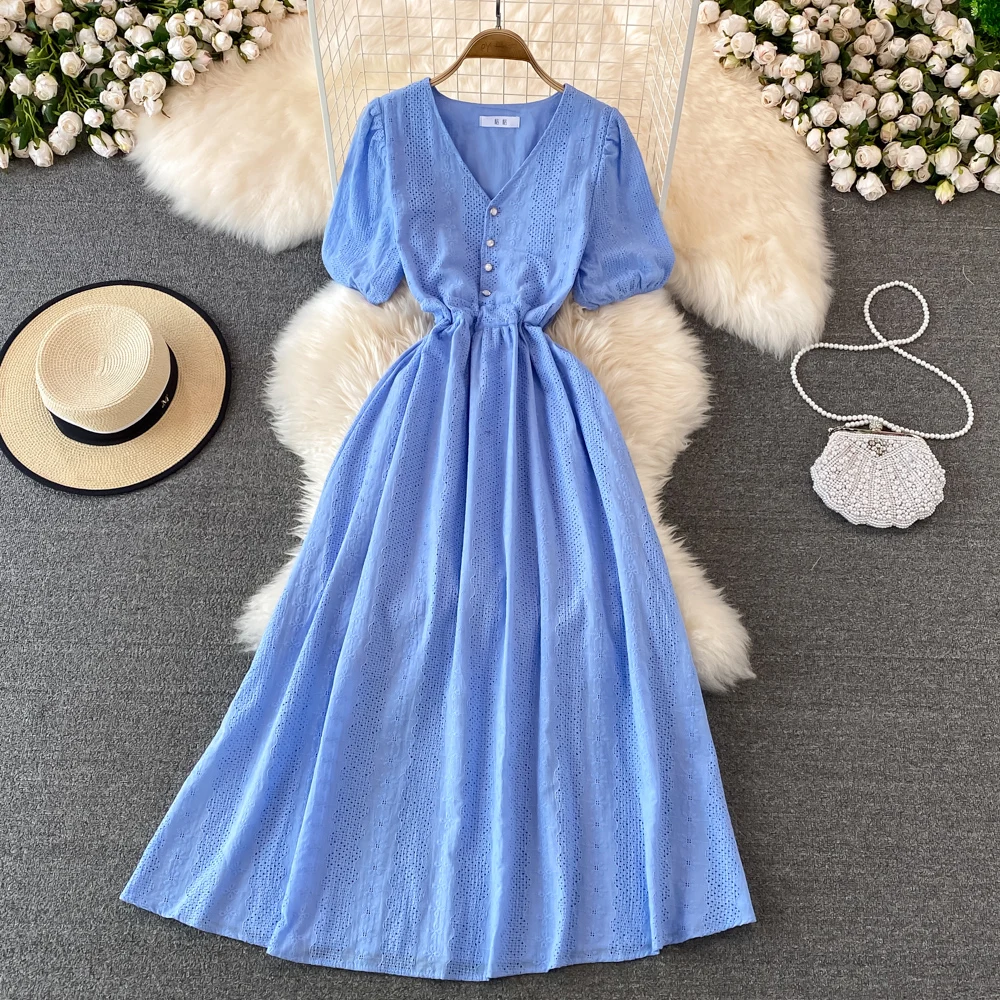 

Seaside Holiday Big Swing Long Dress Summer Retro Bubble Sleeve Waist Slim Temperament V-neck Hollow Lace Dress