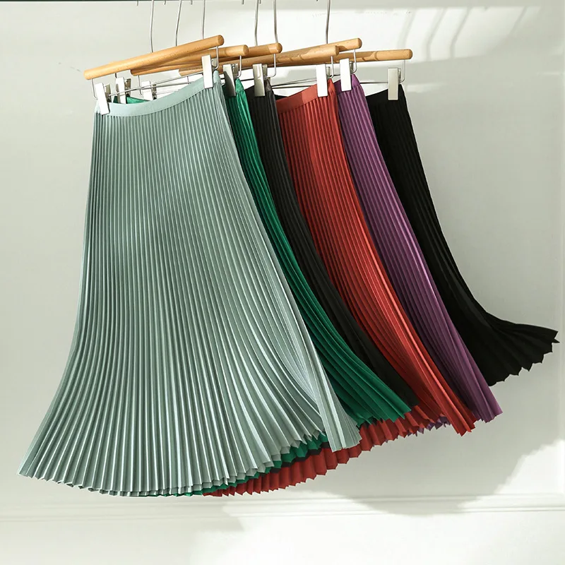 

Ladies Solid Color Elegant Skirt Lady Spring Summer High Waist Green Long Skirt Womens Draped Commuter A-line Pleated Skirt