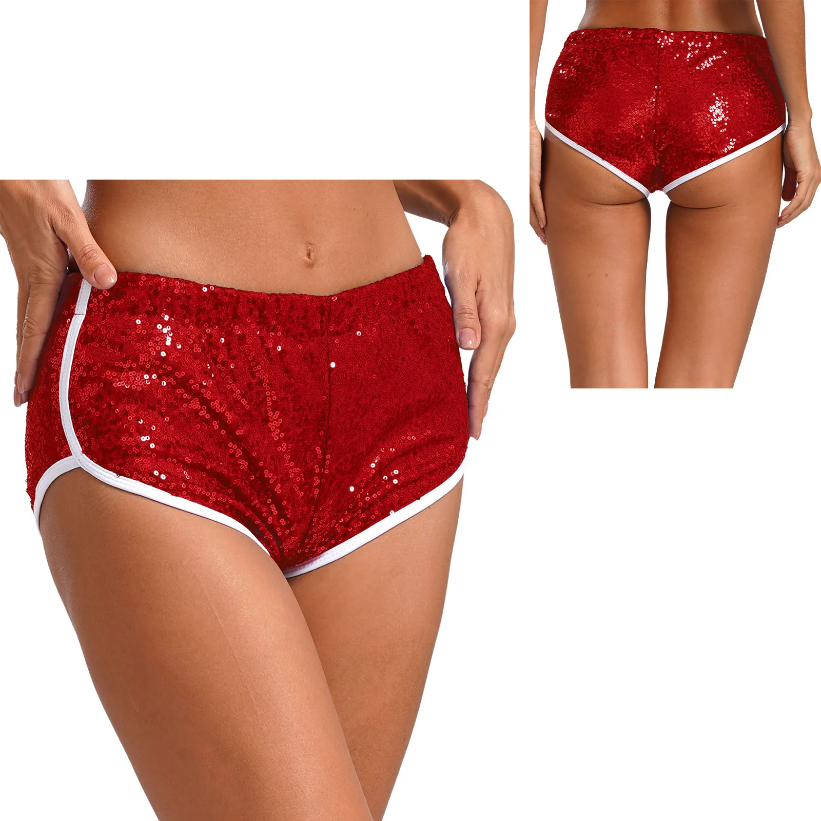 Womens Sparkly Sequin Low Rise Booty Shorts Elastic Waistband Fully Lined Cheeky Hot Pants Fancy Dancing Show Daily Chic.