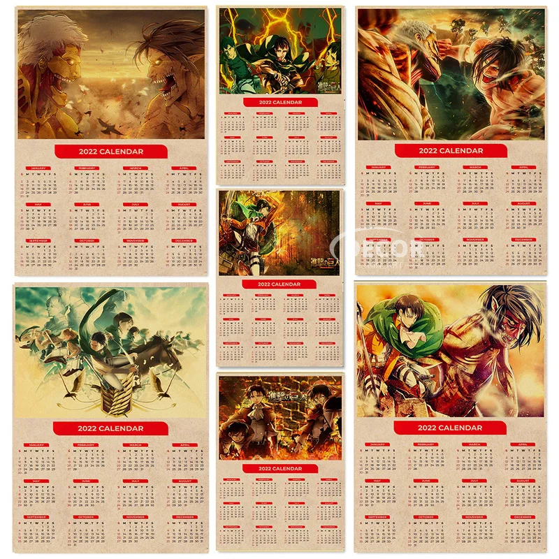 

2022 Calendar Attack on Titan Kraft Paper Frame Poster Retro Japanese Classic Wall Art Anime Prints Home Retro Home Room Decor