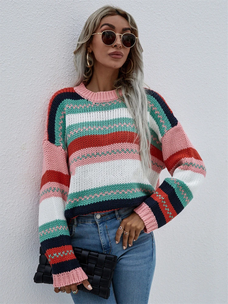

Fashion Tops 2023 Women Autumn Winter New Rainbow Intermittent Knit Pullover Round Neck Loose Sweater Streetwear Women's Dress