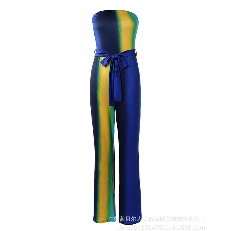 Women Jumpsuits Sexy Tie-Dye Print Gradient Color Slim High Waist Lace Up Jumpsuits Women Backless Strapless Wide Leg Jumpsuits