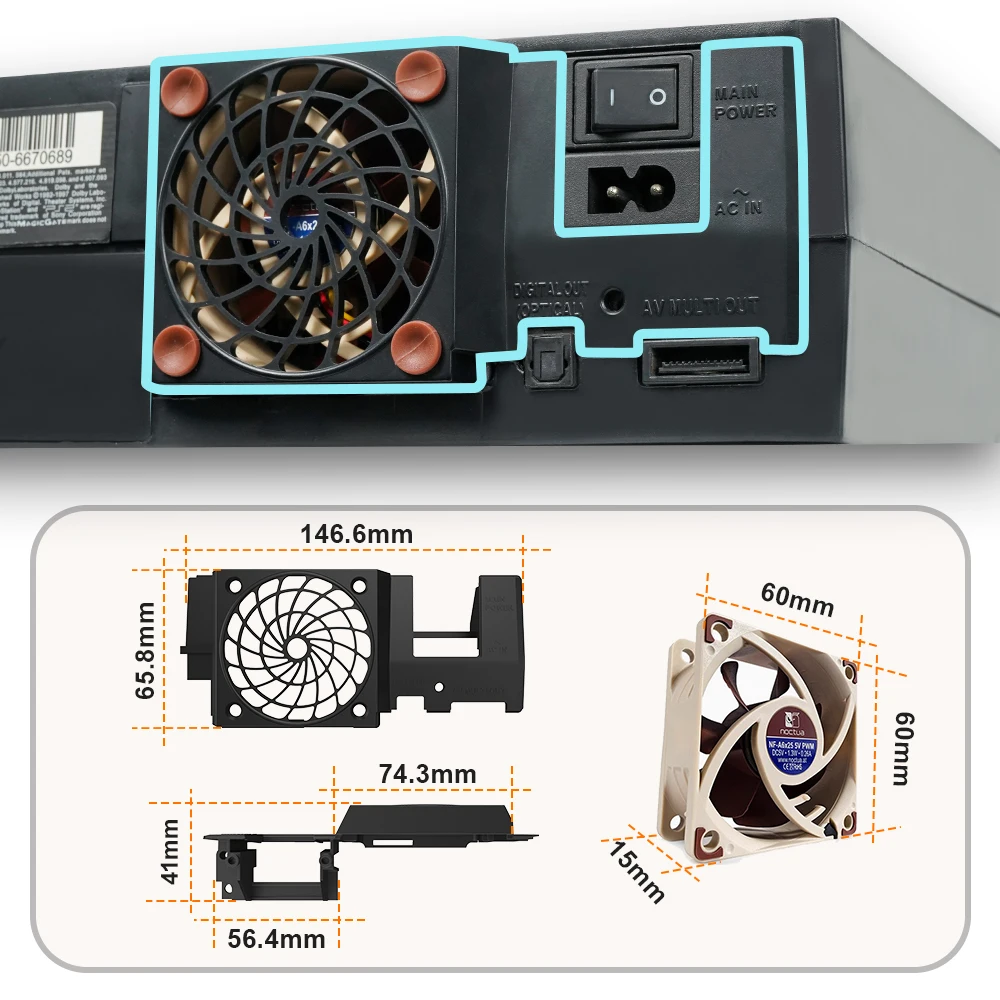 Фото Бесшумный кронштейн охлаждающего вентилятора 5 В для PS2 Fat Noctua NF-A6*25, комплект вентилятора 5 В для PS2 (SCPH-3XXXX&SCPH-5XXXX) №4