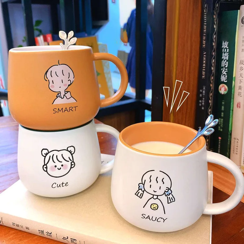 

Creative Cartoon Ceramic Cup ins Couple Mug Home Breakfast Coffee Cup Mini Cute Water Cup with Spoon