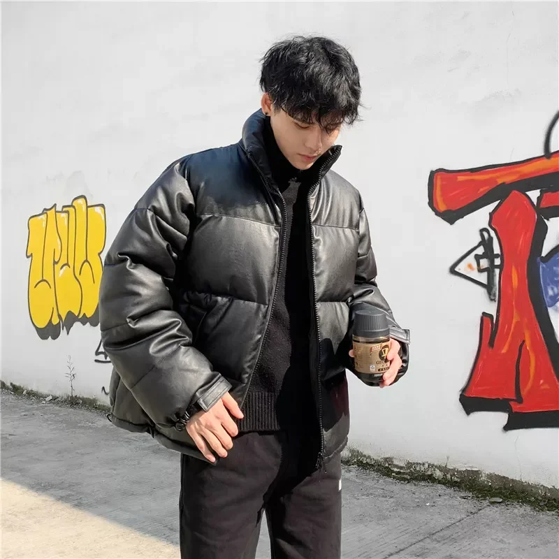 Warm Winter Leather Coats Harajuku Fashion Male Loose Cotton Padded Jackets PU Leather Thicken Solid Color Mens Parkas