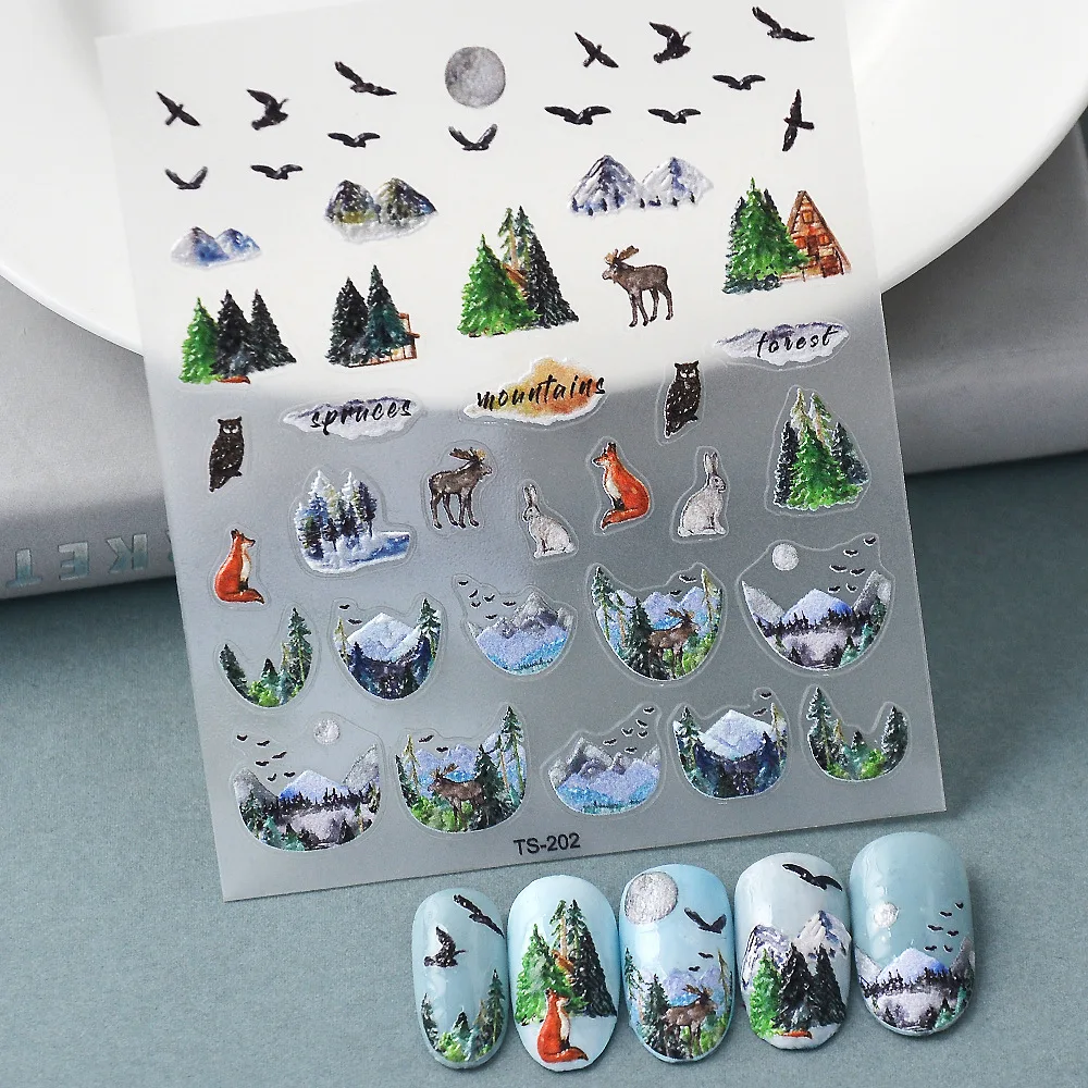 

3D Cartoon Fox Embossed Nails Stickers Manicure Decorations Snow Mountain Forest Back Glue Waterproof Full Nail Appliques Decals