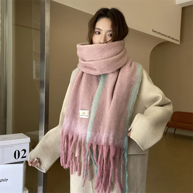 Большой зимний женский шарф двухцветные вязаные пончо накидка женская шаль