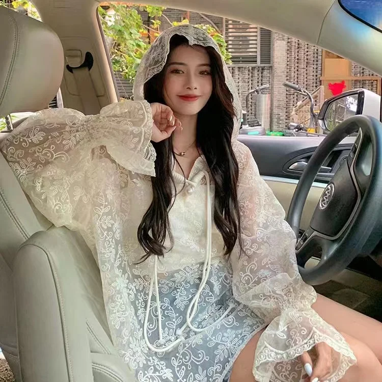 

COIGARSAM Blouse Women Summer 2022 Hooded Lace Flare Sleeve Thin White Apricot Blusas Womens Tops And Blouses Dropshipping