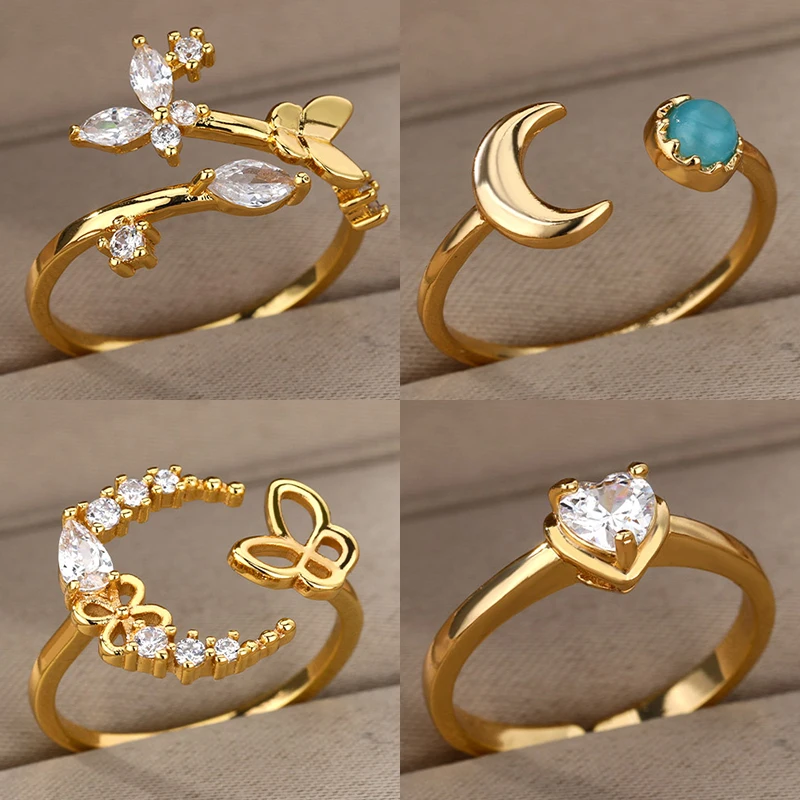 

Vintage Heart Zircon Adjustable Rings for Women Stainless Steel Gold Color Wedding Rings Female Aesthetic Jewelry anillos mujer