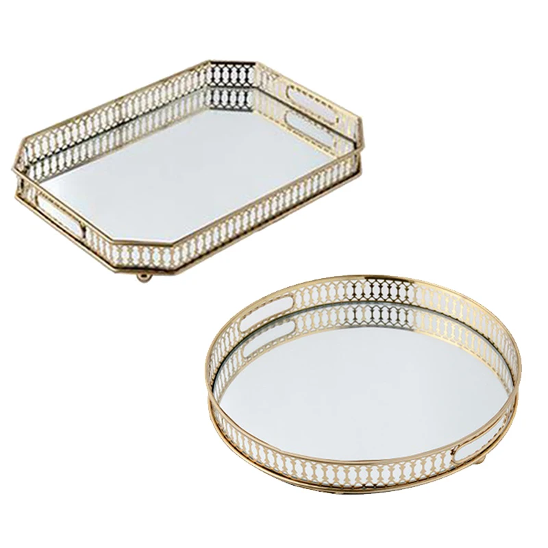 

Vintage European Mirror Glass Metal Storage Tray Fruit Plate Desktop Small Items Jewelry Display Tray Plate