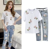 women beaded flower embroidery tshirt hole denim pants sets for ladies woman casual short sleeve t shirts jeans suits