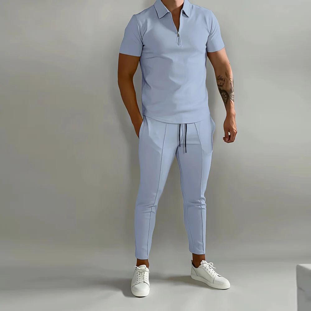 Men Fashion Polo Suit Men Casual Set Summer Solid Color V-neck Zipper Short Sleeved POLO Shirt+Pockets Pants Two Pieces Set Men