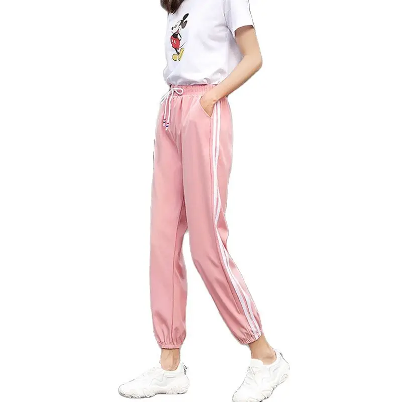 

Летние женские брюки, модные тонкие черные спортивные брюки в Корейском стиле, свободные розовые спортивные штаны с высокой талией для бега и тренировок, новинка 2023