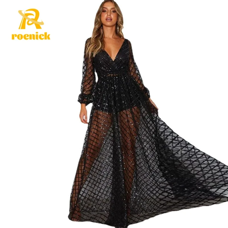 

ROENICK Women Cut-out Sexy V-neck Backless Maxi Dress Female Long-Sleeve V-neck Floor-length Vestidos Evening Prom Mesh Gown