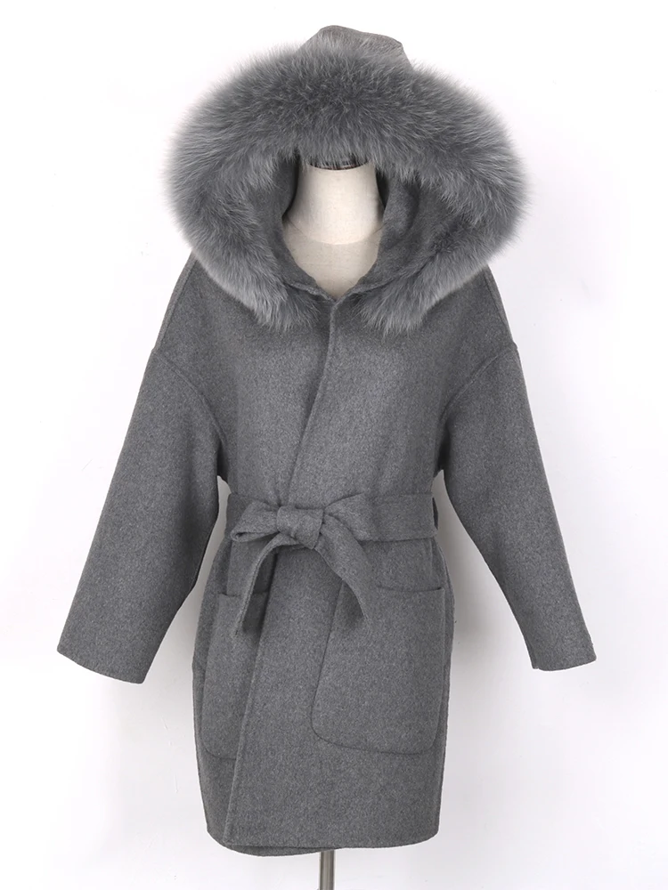 Winter Women Real Fox Fur Coat Cashmere Double Faced Wool Jacket Fashion Outerwear Ladies Oversized Hooded Coats Streetwear
