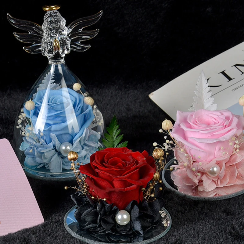 

Little Angel Preserved Flower Glass Cover With Luxury Gift Box Christmas Valentine's day Gift Rose Flower For Girl Friends Wife