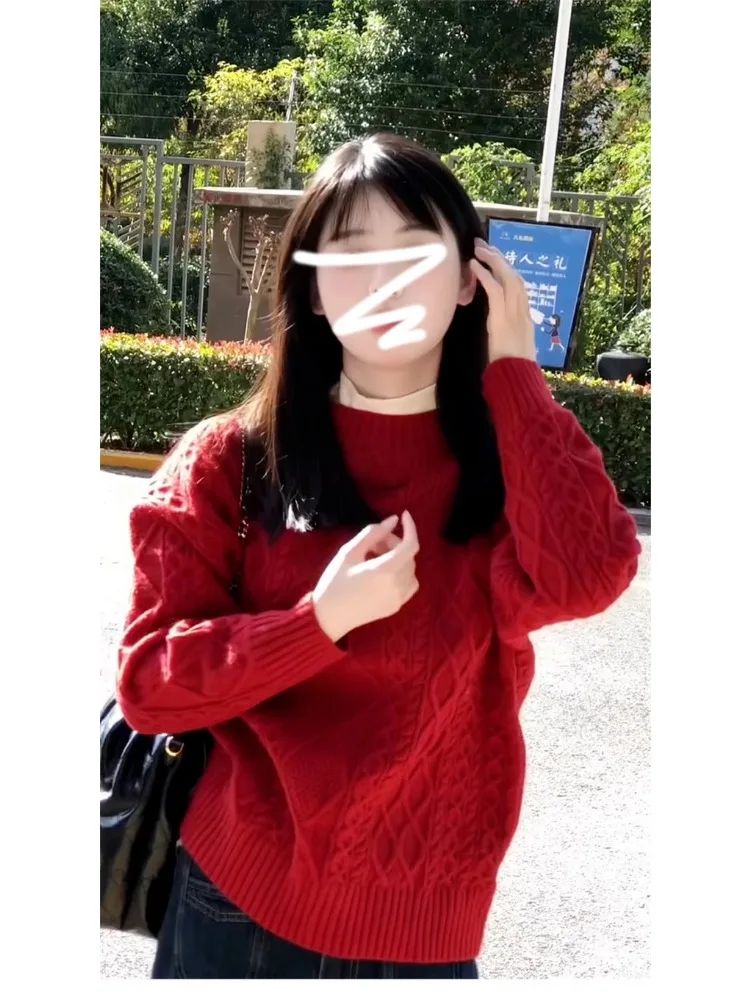 Красный облегающий пуловер в стиле ретро женский осенне-зимний дизайн трикотаж