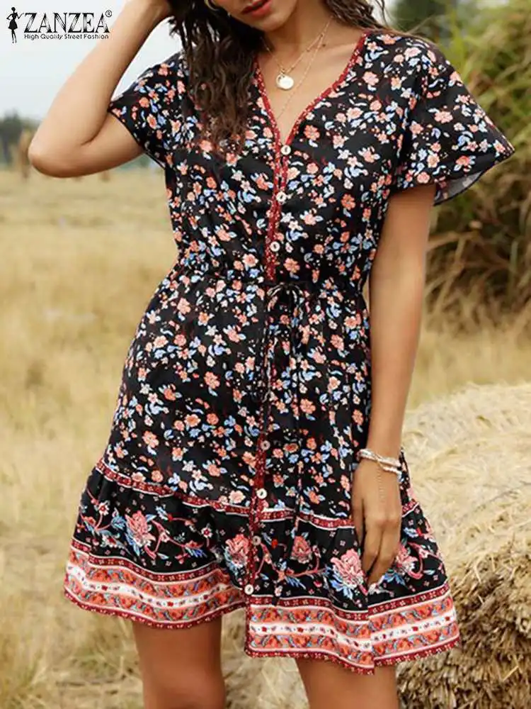

Elegant Women Summer Floral Sundress ZANZEA Casual Printed Dress Short Sleeve Vestidos Female V Neck Shirt Robe Femme Oversized