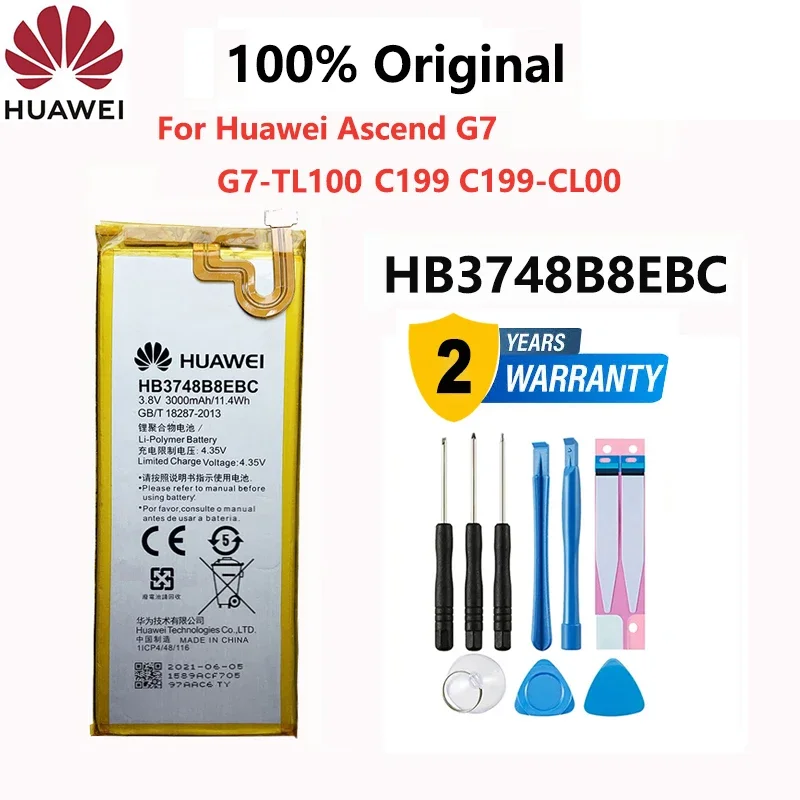 

Original HB3748B8EBC 3000mAh Li-ion Battery Replacement For Huawei C199 C199-CL00 Ascend G7 G7-TL100 Mobile Phone + Free Tools