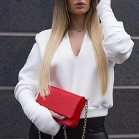 womens fashion long sleeved sexy v neck tie shoulder pads low cut loose solid color sweatshirt womens high street sexy t shirt