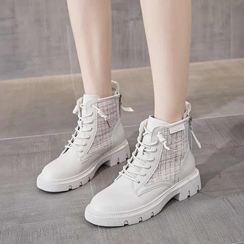 Women Leather Boots Rear Zipper Thick Sole Motorcycle Non-slip Middle Heel Shoes Fashion Low Top New Arrivals