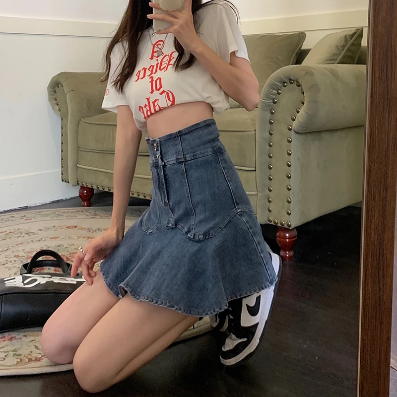 Jeans Women Spring Summer Blue Shorts Casual High Street Ruffle Elastic Denim Skirt Women High Waist Slim Hip Short Skirt Fashio
