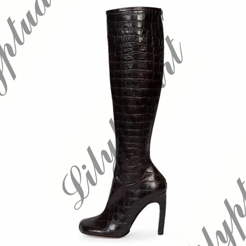 Autumn Women's Fashion Leopard Print Knee Boots PU Leather Lace Up High Heels Boots Square Toe Large Size 43 Knee High Boots