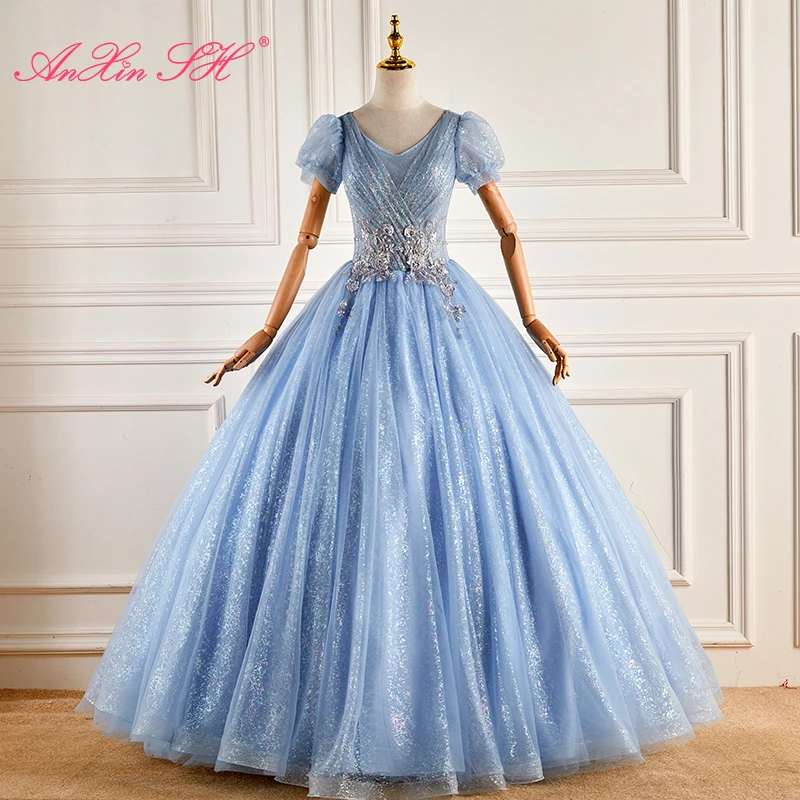 

AnXin SH princess blue sparkly lace v neck short puff sleeve beading flower crystal ball gown party host bride evening dress