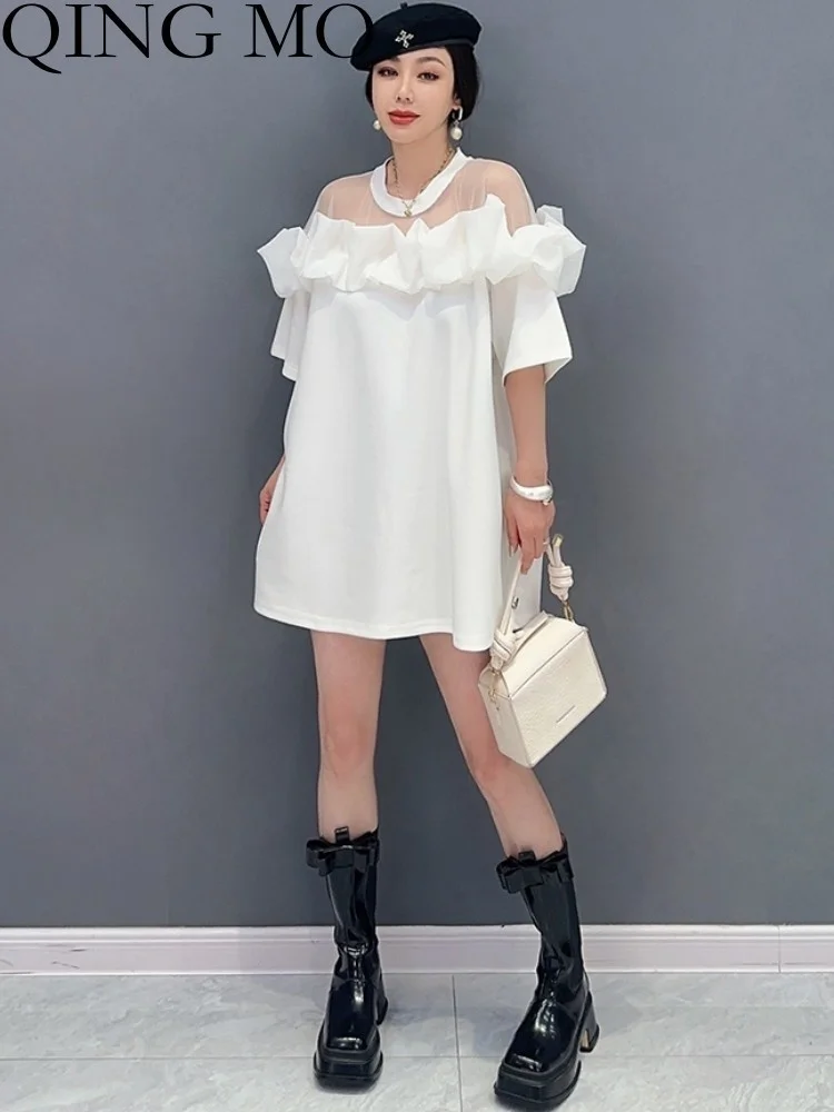 

QING MO 2023 Summer New Korean Fashion Mesh Splice One Shoulder Mid Length T-shirt Women Black White ZXF2564