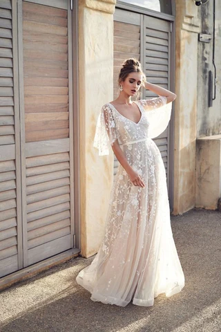 Elegant Women White Lace wedding Dresses Flare Sleeves Deep V Neck Mermaid Brida Prom Grown Sequined Bodycon Vestido De Noiva